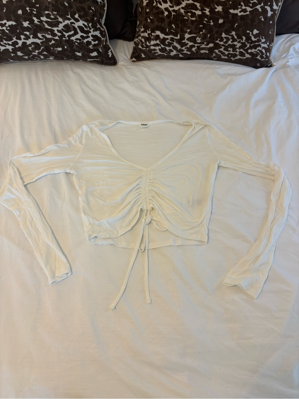 Garage Cream Ribbed V-Neck Long Sleeve Drawstring Crop Top